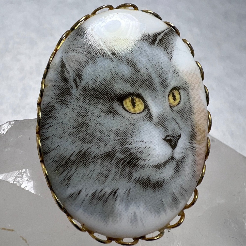 Vintage Cat Portrait Cameo Brooch Pin Oval Gold Tone Gray Persian Cat Face